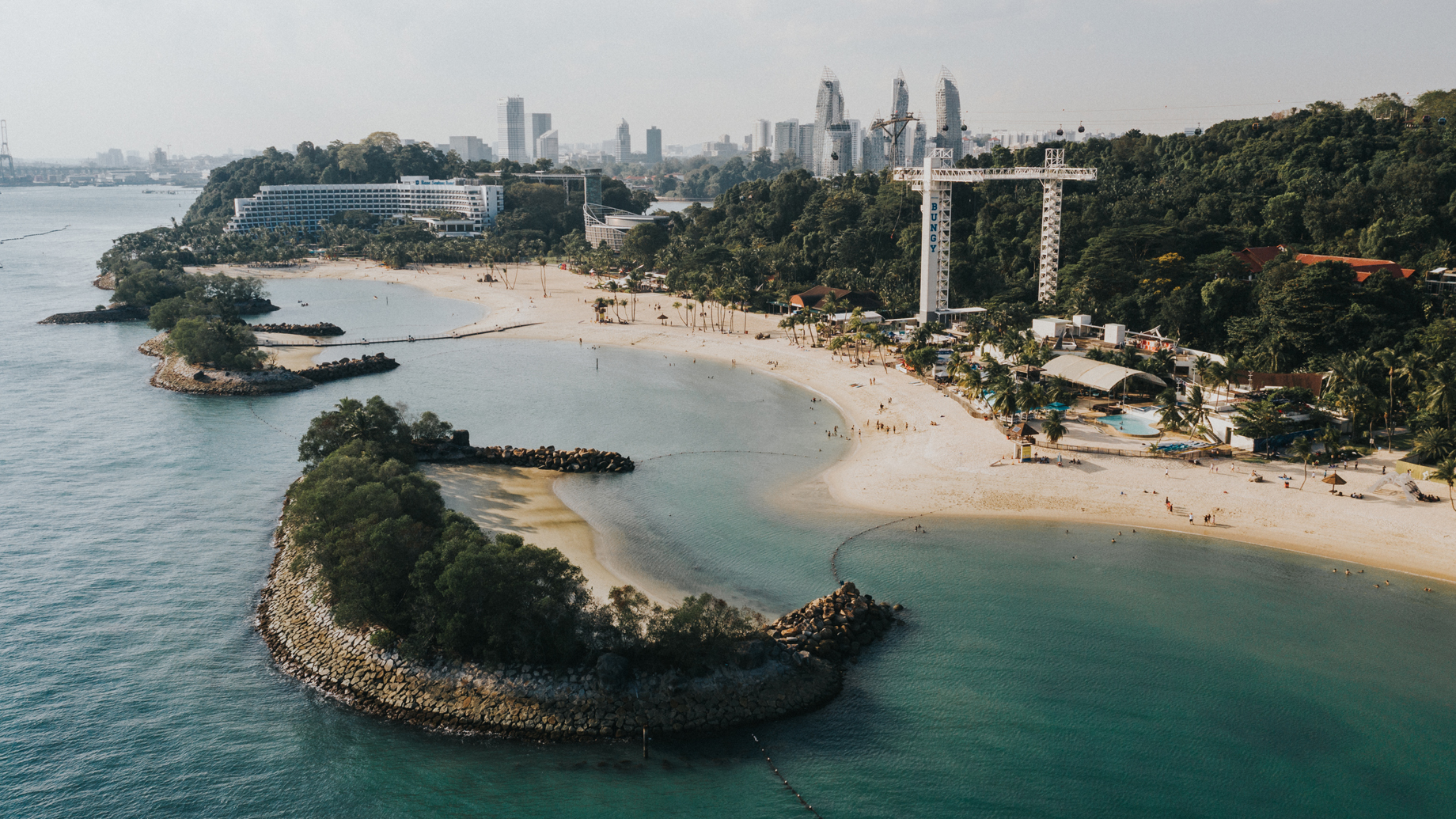 Aerial view of Sentosa beach and skyline